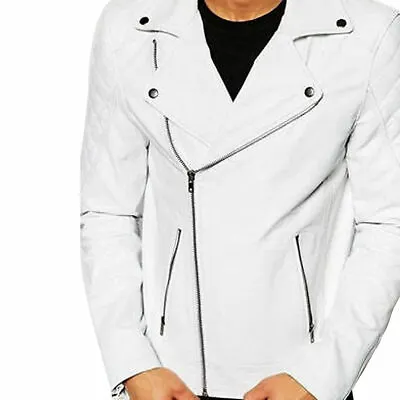 Men's Soft Leather Jacket Real White Slim Fit Biker Leather Jacket • $43.99
