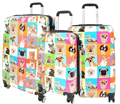 4 Wheel Luggage Hard PC Expandable Lightweight Suitcases Travel Bags Pets Print • £164.99