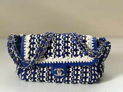 Chanel Accordion Crochet Jumbo Shoulder Bag Blue Cream • $3199