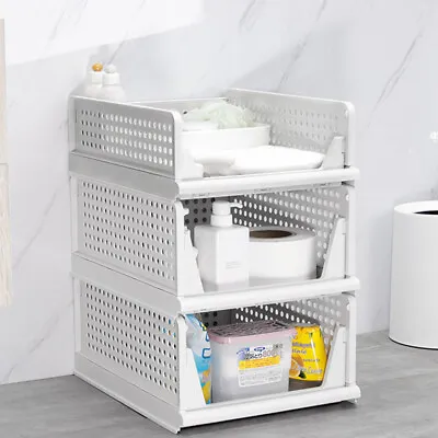 Plastic Stackable Wardrobe Organisers Home Office Kitchen Storage Basket Rack  • £6.94