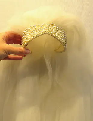 Vintage Pearl Beaded Bridal Headband Headpiece 2 Tier Layer Tulle Veil Off White • $89.85