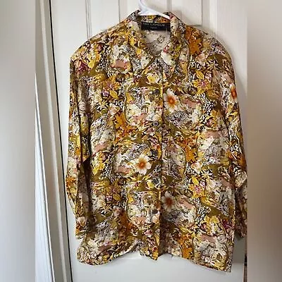 Ted Lapidus Vintage 100% Silk Floral Leopard Button Down Shirt Size Medium • $17.59