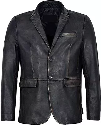 Men's Genuine Leather Blazer Jacket Two Button Distressed Black Coat • $99.99
