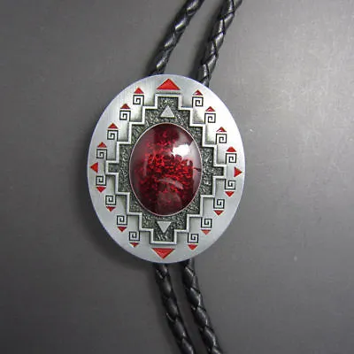 Western American Southwest Pattern Red Oval Cowboy Rodeo Bolo Tie • $13.95