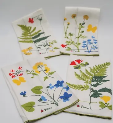 VTG Vera Neumann Linen Napkins Fern Flowers Avocado Green Trim Butterfly Set 4 • $40