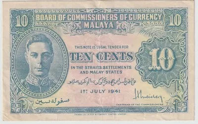 Malaya States & Straits Settlements 10 Cents Banknote 1941 Ch Very Fine Cond P#2 • $13.50