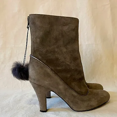 LTD Fornarina Grey Suede Ankle Bootie Boots Pom Pom Zipper 36 • $35