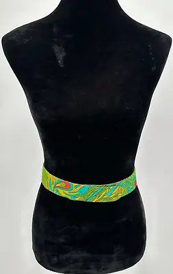 Vintage La Mendola Mod Art Retro Peacock Print Green Chiffon Leather Waist Belt • $99.99