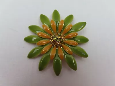 Green & Orange Enamel Chrysanthemum Flower Pin Brooch Rhinestone Vintage • $19.98