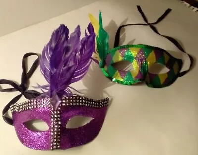 Set Of 2 Mardi Gras Masks Purple And Green Feathers Masquerade Halloween • $20.19