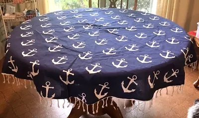 60  Round Cotton Tablecloth Navy W/White Anchors Royal Standard Brand NWT • $30