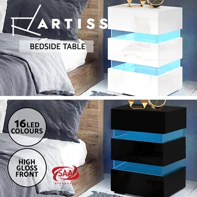 Artiss Bedside Table Side Table RGB LED Lamp 3 Drawers Nightstand Gloss • $97.95