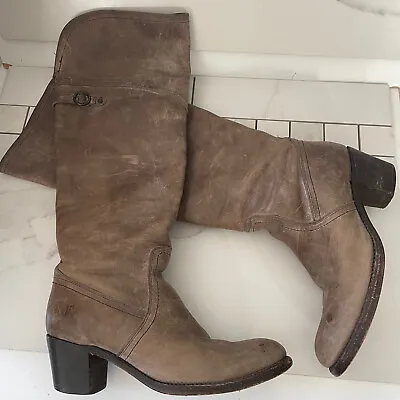 Frye Jane Cuff Tall Boots Womens 10 B Distressed Brown Leather Knee High Heels • $99.50