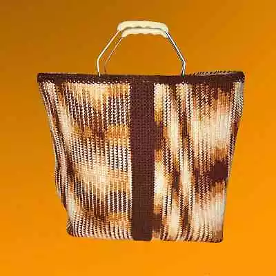 70s Dual Sided Crewel Knit Brown Gold Vintage Festival Tote Bag Beach Bag 15x19 • $35.20