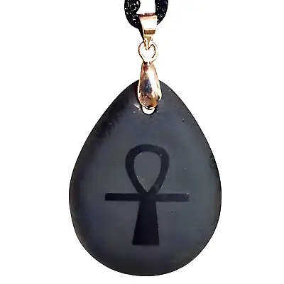 Ankh Obsidian Pendant Egyptian Key Of Life Talisman Etched 33  Tie Cord Necklace • £12.95