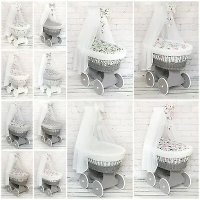 £169.99 • Buy Luxury Wicker Moses Basket Full Set Wheel Baby Full Dimple Bedding Set Canopy