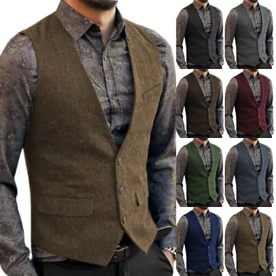 Men Tweed Vests Western Vintage Hunting Groom Casual Formal Vests 42 44 46 48 50 • £19.19