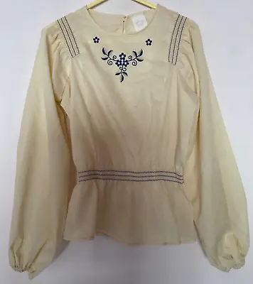 Vintage 70s M&S Beige Floral Embroidery Balloon Sleeve Smocked Hippy Top 6 8 10 • £19.99