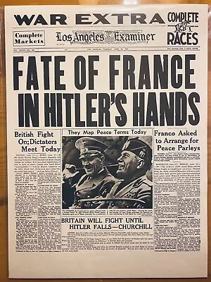 Vintage Newspaper Headline~world War 2  Hitler & Mussolini France Wwii 1940 • $14.49