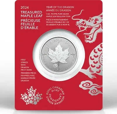 Maple Leaf 2024 $5 Canada Privy Lunar Year Of The Dragon Silver 1 Oz 9999 BU/ST • $36.25