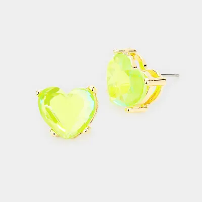 Crystal Stud Earrings HEART Stone Love Forever Jewelry .6  Stud GOLD NEON YELLOW • $12.99