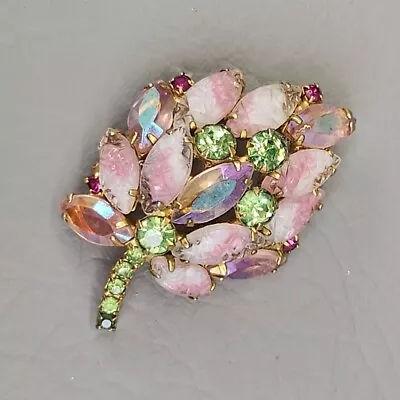 Rhinestone Brooch Vtg Leaf Pink Givre Pressed Glass Stones Gold Tone Green 2  • $35