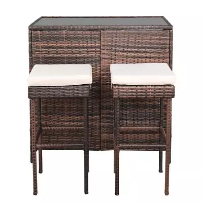 3PCS Rattan Wicker Bar Set Patio Outdoor Glass Top Table & 2 Chairs Furniture US • $185.99