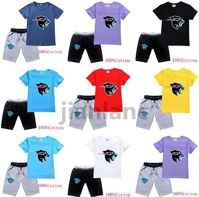 Boy Girls Mr Beast Lightning Cat Pyjamas Set Cosplay Short Sleeve T-shirt+Shorts • £11.99