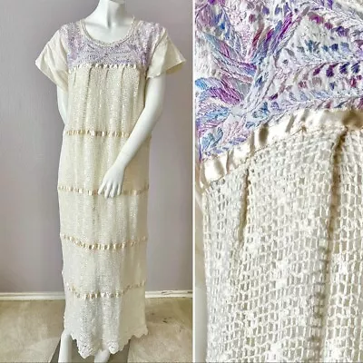 Embroidered Mexican Dress Off-White Lavender Mesh Crochet Lace Long Caftan • $179