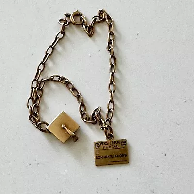 14k Yellow Gold Graduation Cap & Western Telegram 1945 Charm Bracelet - Sweet!! • $400