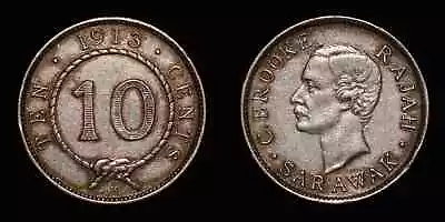 SARAWAK 1913 Ten 10 Cents - Charles V. Brooke Rajah Silver Coin - KM# 9 • $29.99