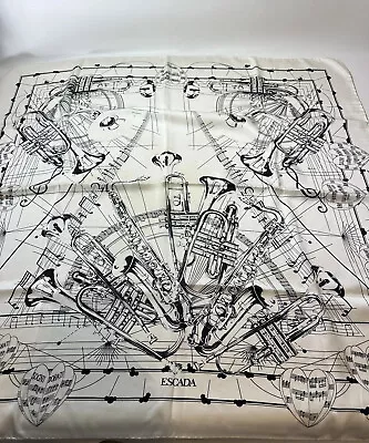 Vtg Escada Black & White Music Theme Silk Scarf Trumpet Saxophone Music Notes • $38.50