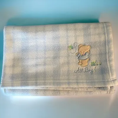 Just Born All Boy Blue Baby Blanket Approx38x30” Embroidered Bear Airplane Train • $16.40