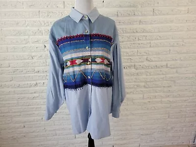 Victoria Jones Womens Shirt 24W Long Sleeve Blue Cotton Southwestern Tribal • $22.49