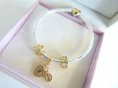 $149 • Buy Genuine Pandora Gold Bracelet With CZ Hearts LocketCharm &Beads*EASTER SALE