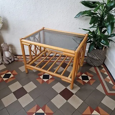 Vintage Bamboo Coffee Table Cane Side Table With Smoked Glass Top Boho Hygge • £42.99