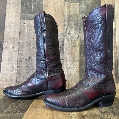 Lucchese Black Cherry Teju Lizard Leather Inlay Cowboy Boots Mens 7 D • $139.95