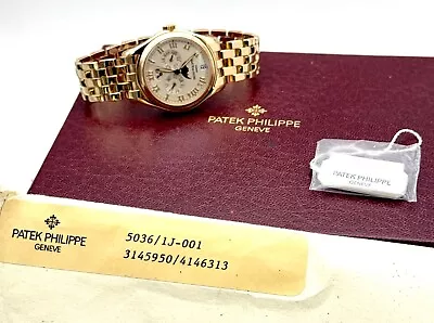 Patek Philippe 18k Gold Annual Calendar Moon Phase On  Bracelet Watch 5036/1J • $48500