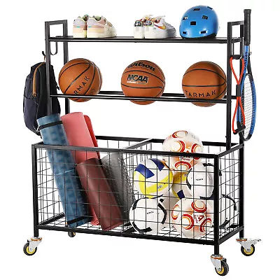 Black Metal & Wood Ball Storage Basket Cart Gym Equipment Organizer W/ 4 Wheels • $249.99