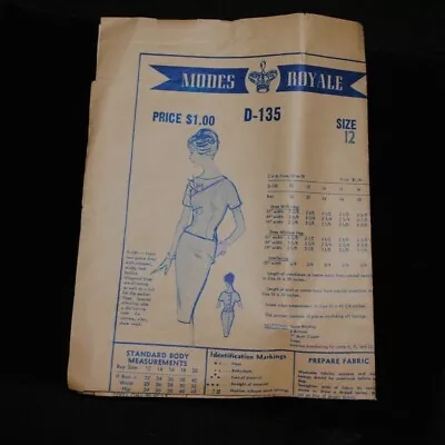 Vintage 1950's/60's Modes Royal D-135 Smart Two-Piece Dress Pattern In Size 12 • $25