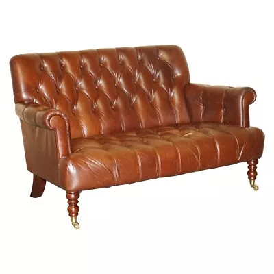 Fine Chestnut Brown Leather Lauren Ashley Chesterfield Two Seat Library Sofa • £1350