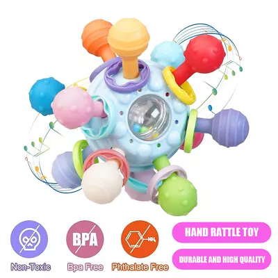 Silicone Teether Baby Sensory Toys 0-12 Months Rotating Rattle Ball Grasping Toy • £8.25