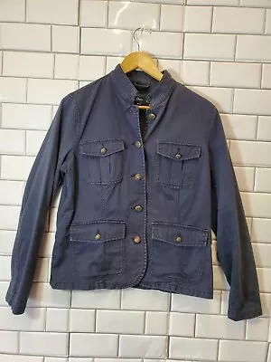 GAP  Navy Blue Distressed Lightweight Jacket  Pockets  Silver Buttons Stand Up C • $13.99