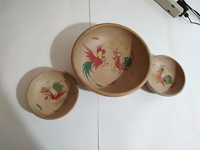 Vintage Wooden Salad Set 1 LG 2 SM Bowls With Hand Painted Rooster  • $18.50