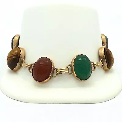 Gold Filled Scarab Beetle Natural Gemstones Bracelet 8in • $118.75