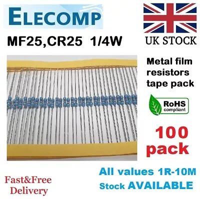 MF25 1/4W Resistors 1% All Values (0R-1K-10M) 100 Pack UK Stock • £2.49