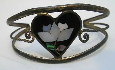 Vintage Alpaca Mexico Abalone Inlay Cuff Bracelet  Flower Heart Jewelry • $23.54