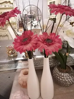 SET OF 2 MATCHING (54cm H)TALL CREAM VASES WITH PINK ARTIFICIAL GERBERA FLOWERS • £7.99
