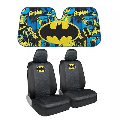 New DC Comics Batman Logo Car Front 2pc Seat Cover Set & Windshield Sunshade • $59.93