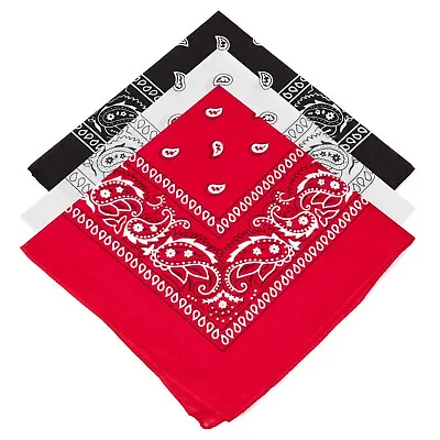 3x Bandana Paisley Scarf Neckerchief 100% Cotton 54cm Square RED WHITE BLACK • £4.99